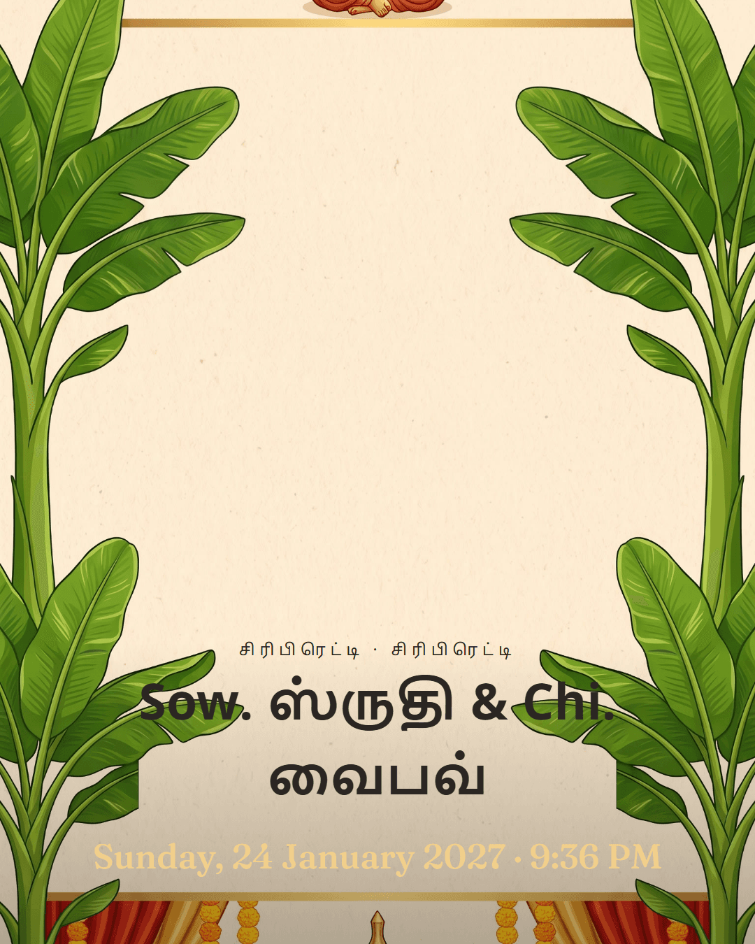 A wedding invitation with the names set in Tamil (தமிழ்)